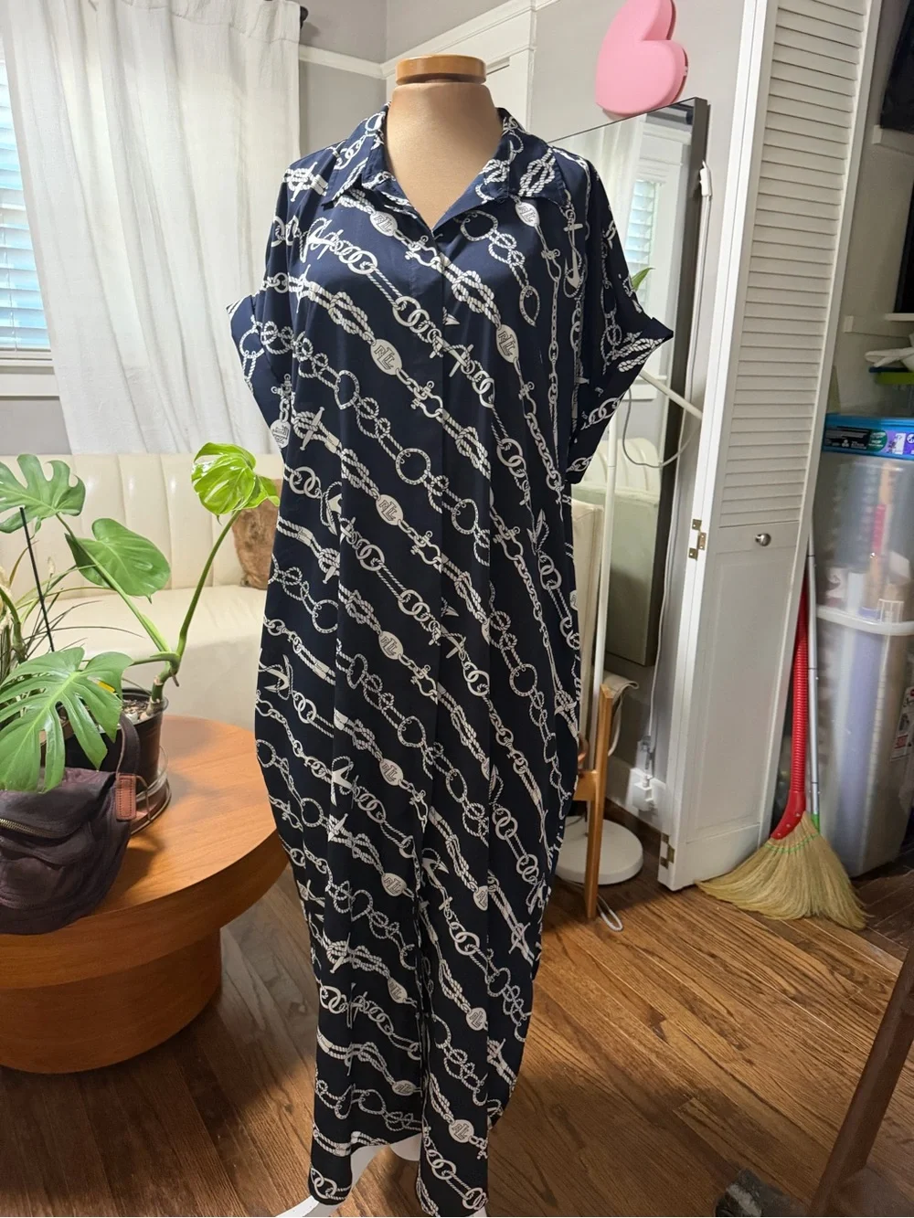Ralph Lauren Navy Chain-Print Midi Shirt Dress with Brown Belt - Picture 12 of 13